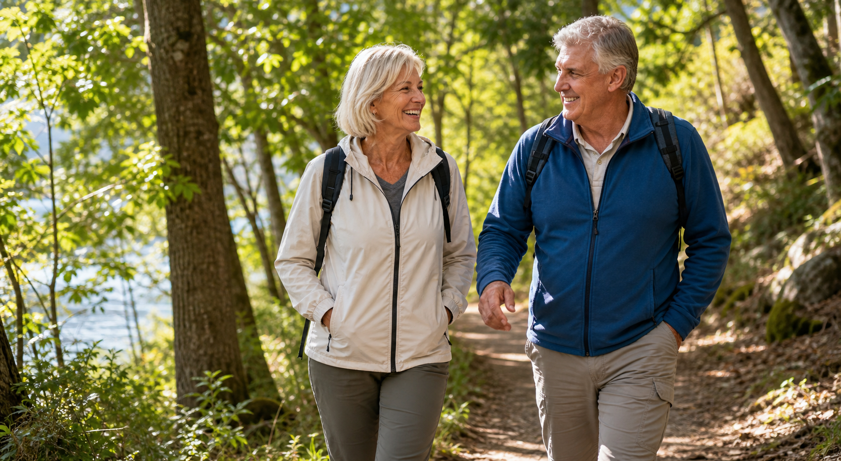 Active seniors walking together on a trail