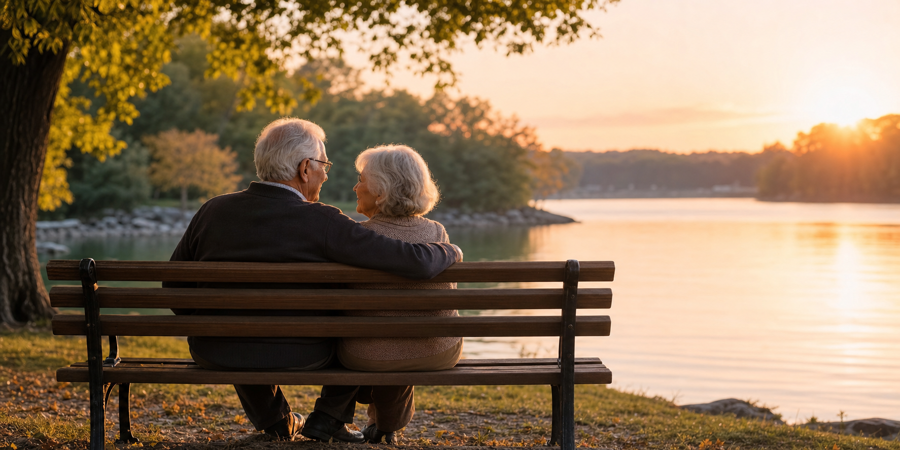 Senior couple sitting together at sunset