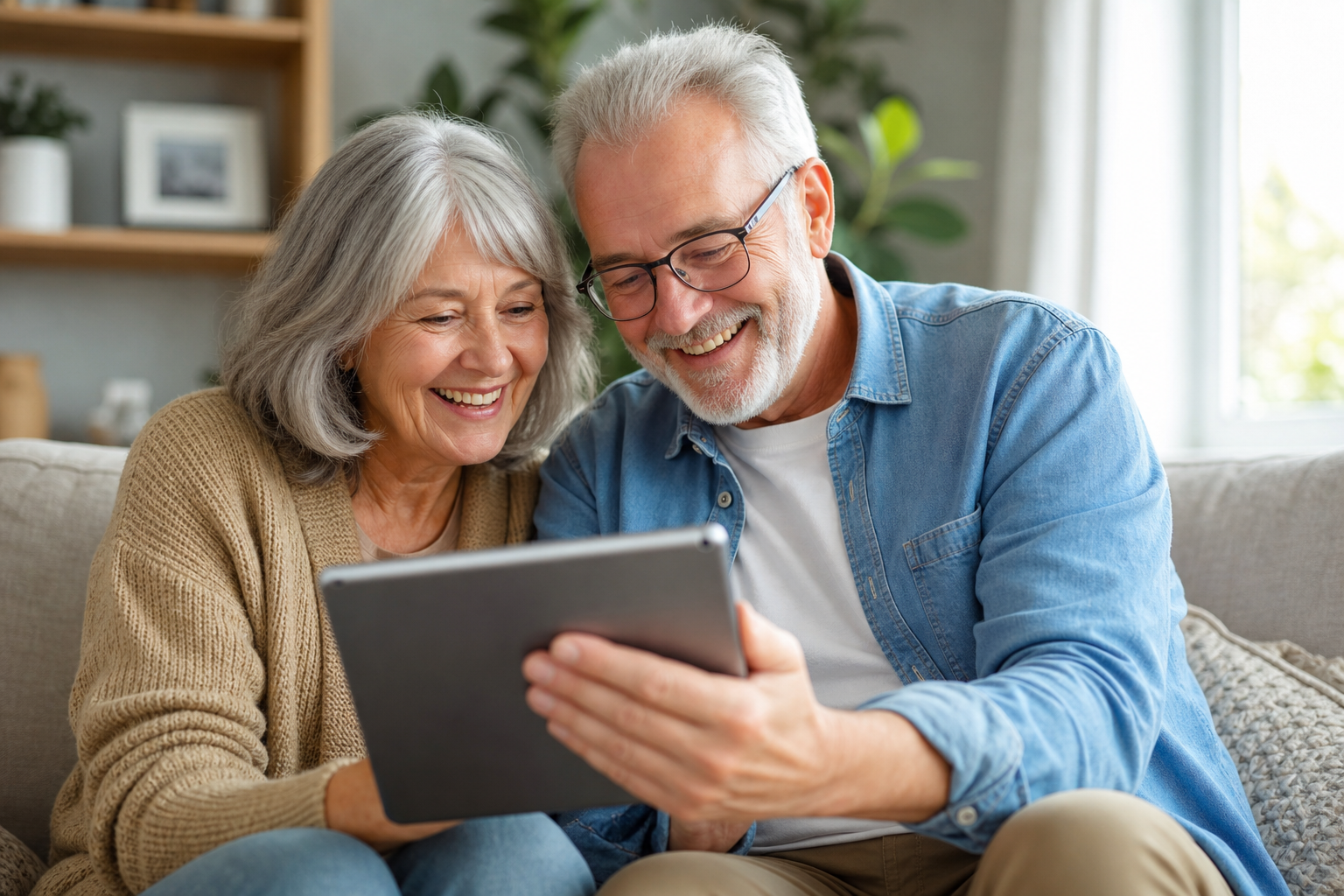 Senior couple looking at photos together